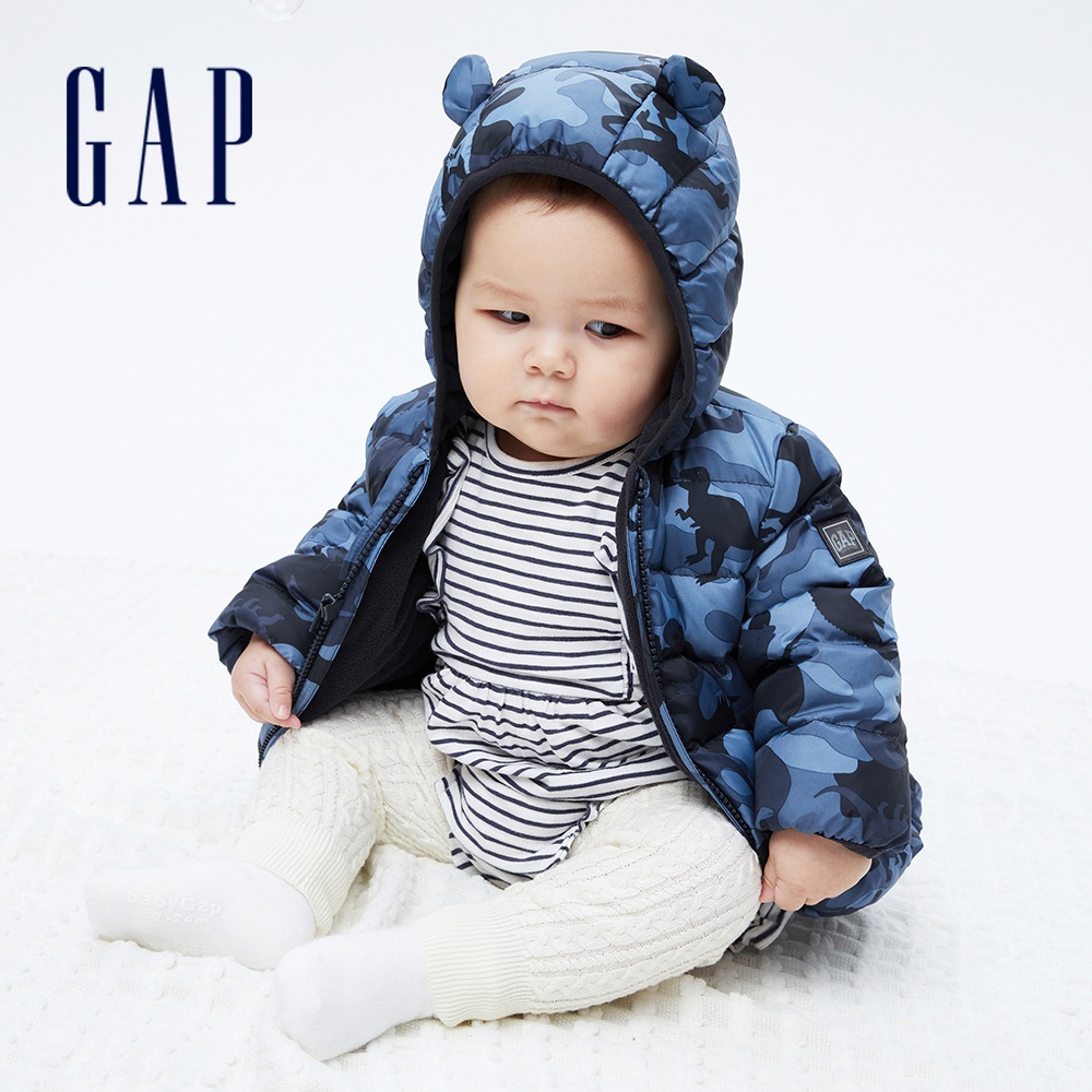 Gap 嬰兒裝 可愛熊耳刷毛連帽羽絨外套 布萊納系列-藍色迷彩(703923)