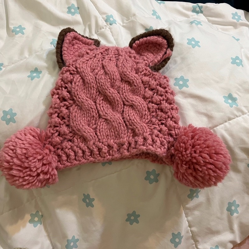 粉紅毛球貓耳朵針織毛帽