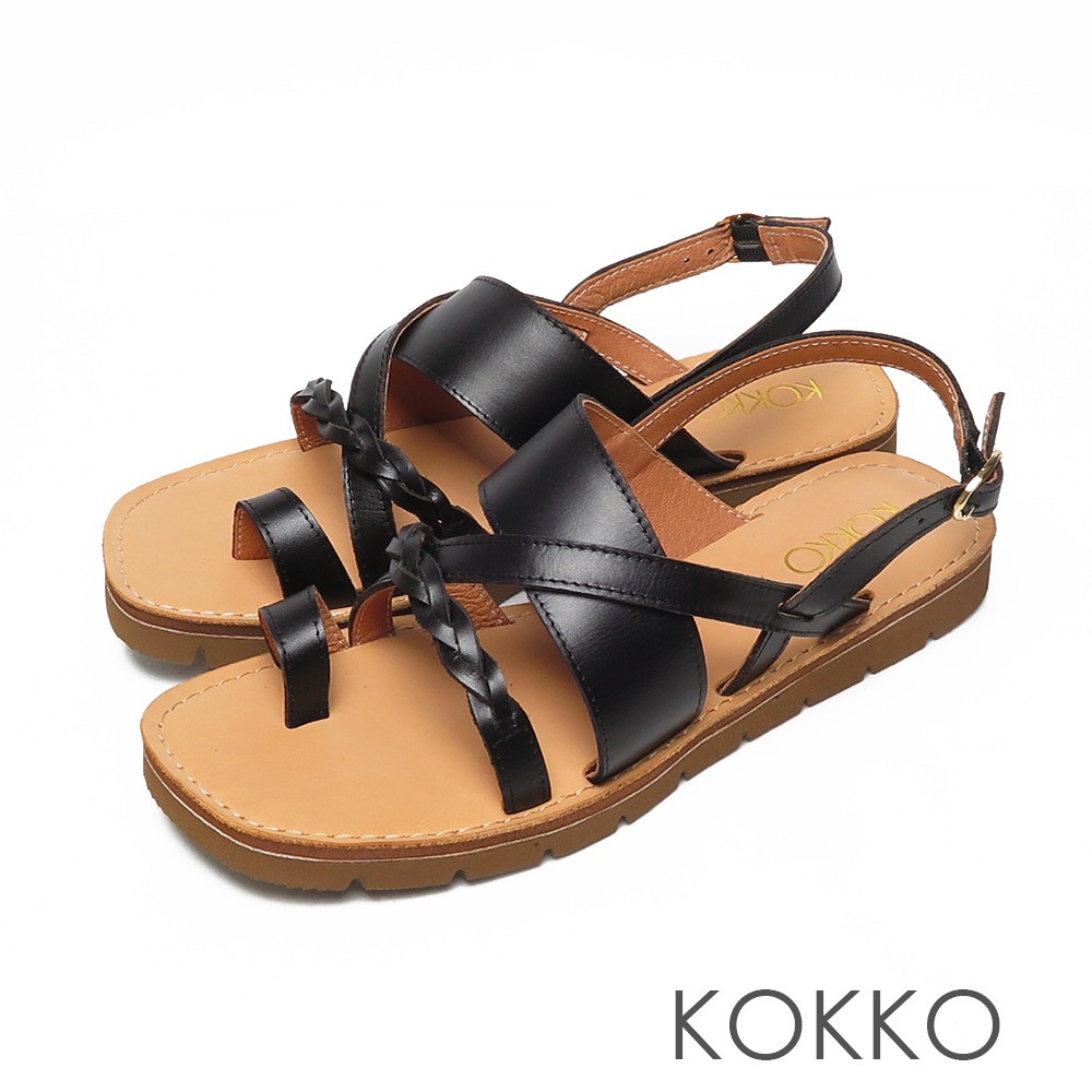 KOKKO超舒適全真皮透氣交叉線條夾腳輕量涼拖鞋黑色