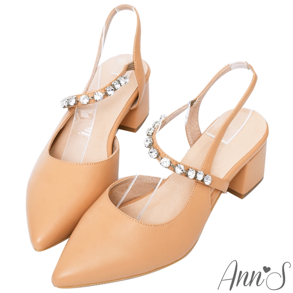 Ann’S強調纖細感-絕美鑽石性感拉帶粗跟尖頭鞋-杏