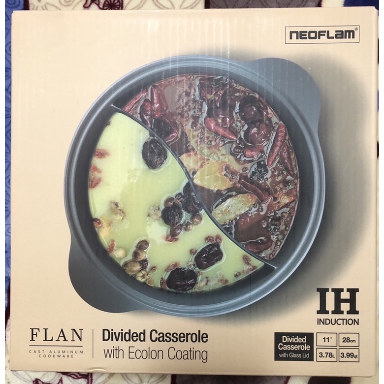 NEOFLAM 陶瓷不沾鑄造28公分鴛鴦鍋含玻璃蓋 IH FLAN-香草雪酪 IH適用（含運）