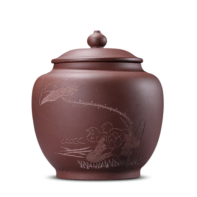 宜興紫砂茶葉罐復古雕刻荷花茶葉罐甕型2斤