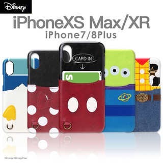 PGA日本正版iPhone XSMax XR 8Plus迪士尼 正版授權皮革插卡口袋硬殼 米奇米妮/唐老鴨/三眼怪/胡迪