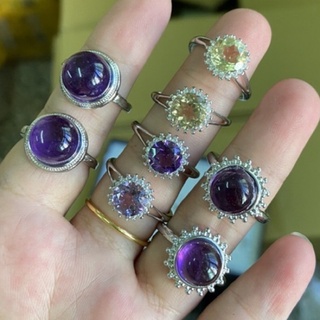 天然黃水晶戒指，紫水晶戒指，天然水晶戒指，檸檬黃水晶，925半銀鑲嵌，指圈活口可調節