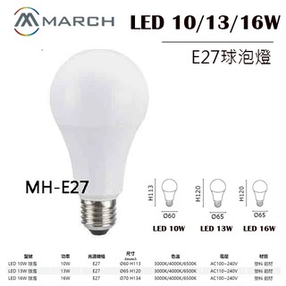 MARCH LED10W、13W、16W燈泡 球泡 E27規格 取代螺旋、白熾燈泡 耗電低 高亮度 原廠保固 全電壓