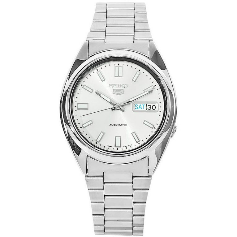 SEIKO精工 5號盾牌系列 簡約設計 銀白色金屬髮絲紋錶盤 商務休閒皆宜 標準紳士自動機械錶（平輸）型號：SNXS73