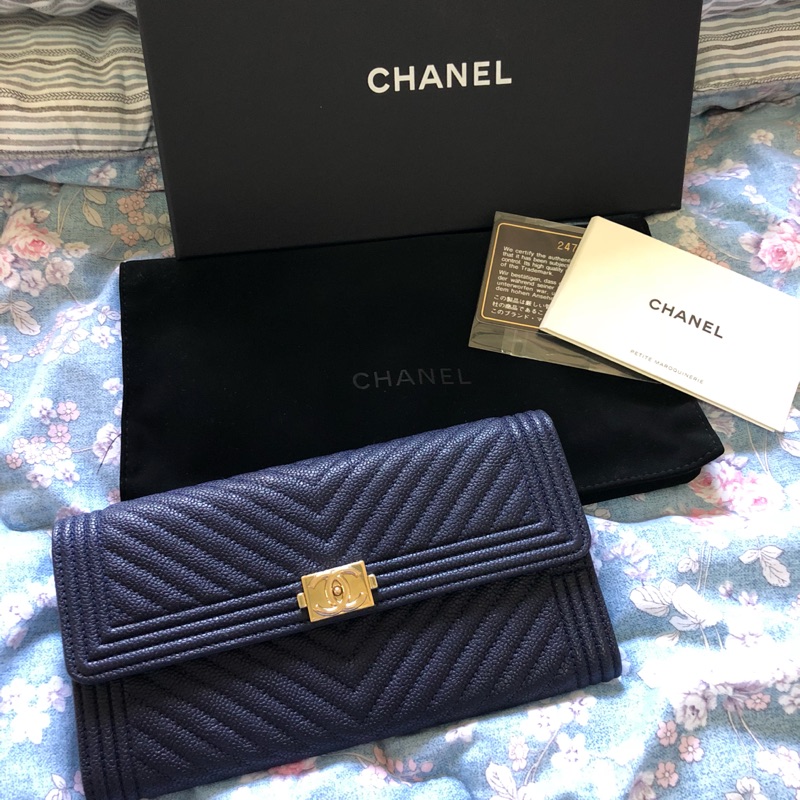 （已售）Chanel山形紋荔枝皮藍淡金信封式長夾