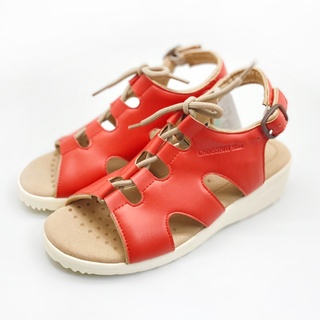 日本CROISSANT皮製女用休閒楔形涼鞋(女段)6501紅M=23~23.5cm-零碼出清