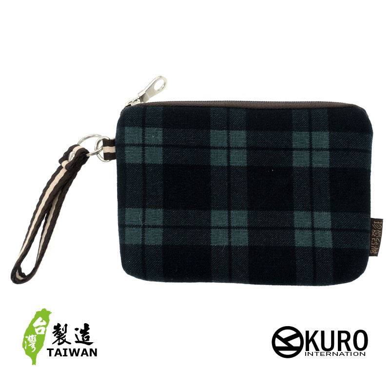 KURO-SHOP台灣製造 綠黑格紋 單層 帆布 零錢包 鑰匙包 名片包