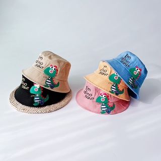 七彩恐龍兒童盆帽夏季戶外防風平頂帽子時尚卡通寶寶漁夫帽