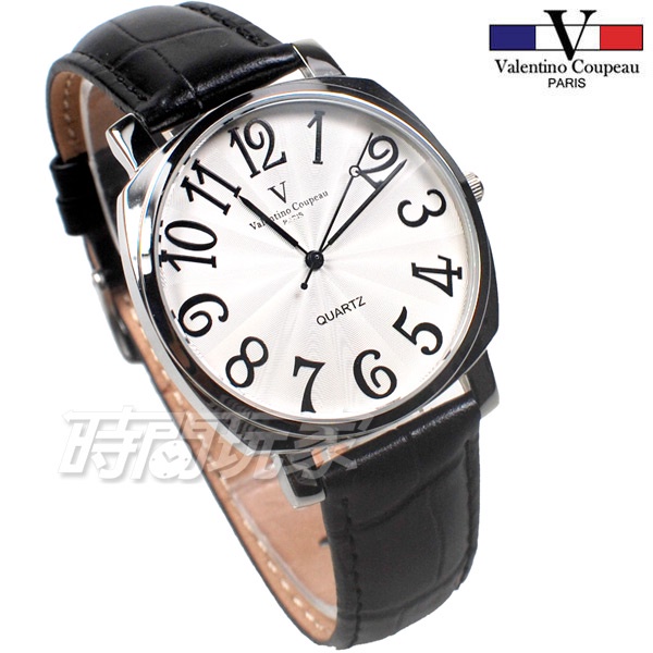 valentino coupeau范倫鐵諾 V61601B白黑大 方圓數字時尚錶 防水手錶 真皮 黑色 男錶【時間玩家】