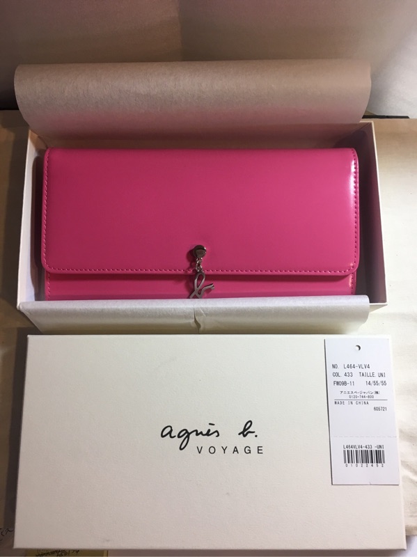 全新正品 Agnes b Voyage 桃粉色亮皮長夾