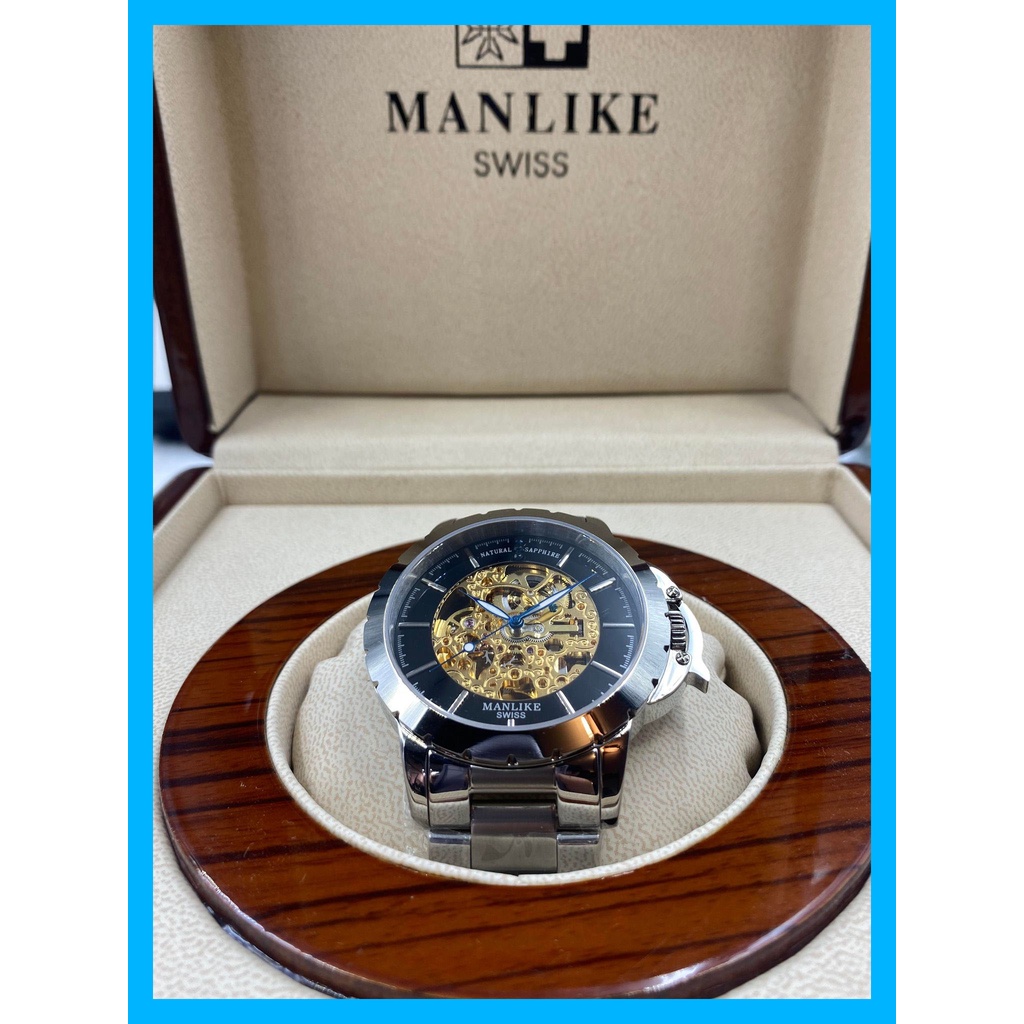 【小安精品】台灣現貨 Manlike 曼麗萊克M71636 藍寶石手錶機械鏤空鋼錶帶 質感潮男必備 送爸爸 送男友都適合