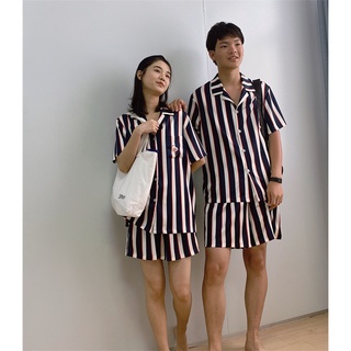 【COUPLE】韓版🔥新品情侶睡衣🔥海鷗簡約條紋印花男女情侶款冰絲綢緞睡衣套裝