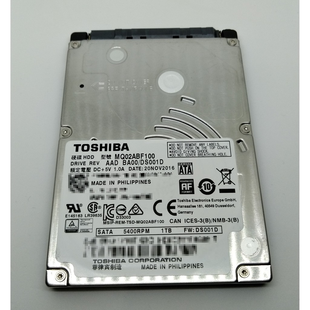 TOSHIBA 1TB 2.5吋 7mm 5400RPM MQ02ABF100 (二手良品)