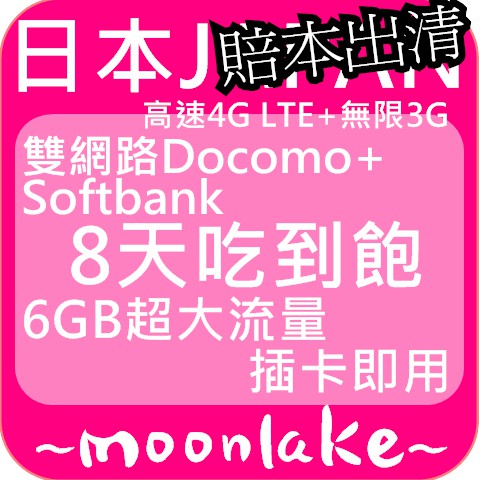 日本上網卡 8天 6gb 高速4g 3g吃到飽 上網  sim卡 docomo softbank sim