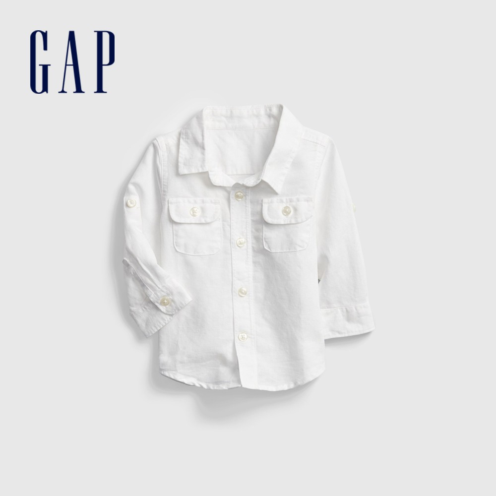Gap 嬰兒裝 清爽可挽袖翻領襯衫-白色(879057)