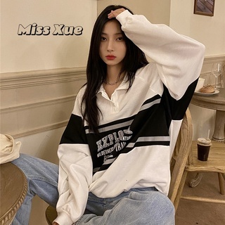 【Miss Xue】美式復古上衣 Polo衫 衛衣女 寬松 慵懶風 oversize 長袖上衣 ins 風 下半身失蹤