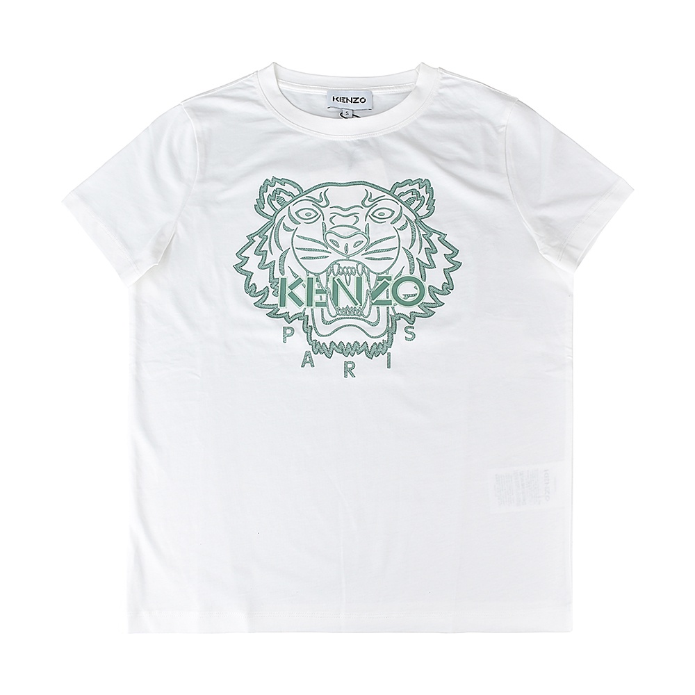KENZO綠字印花LOGO虎頭設計純棉女款短袖T恤(白x綠)