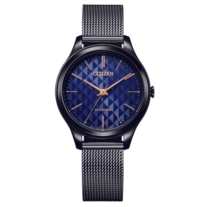 CITIZEN 星辰錶 Lady's 黑鋼藍色菱格錶面 米蘭錶帶 32mm EM0505-88L 原廠公司貨保固2年