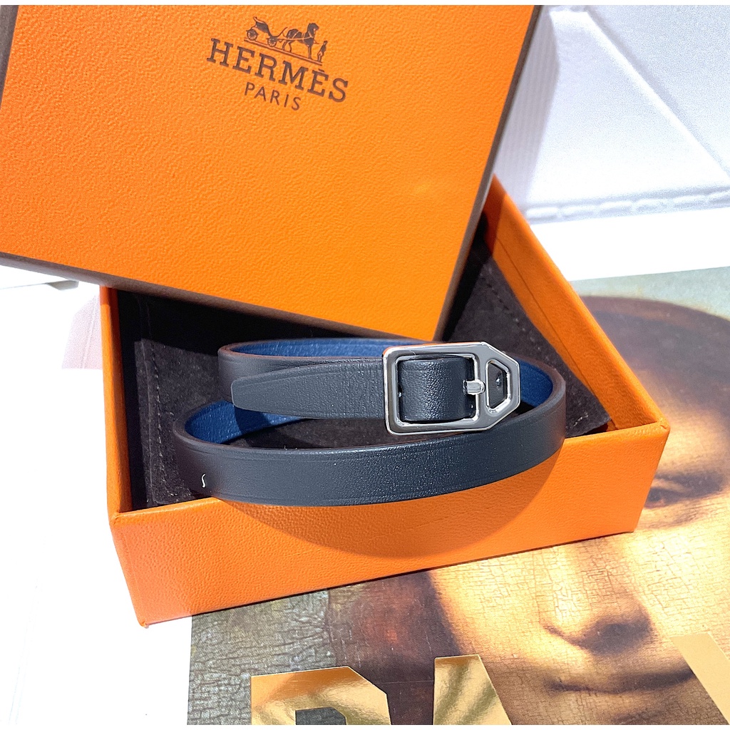 二手旗艦 Hermes 黑色 藍色 雙色 皮帶釦 手環(公益店)12506