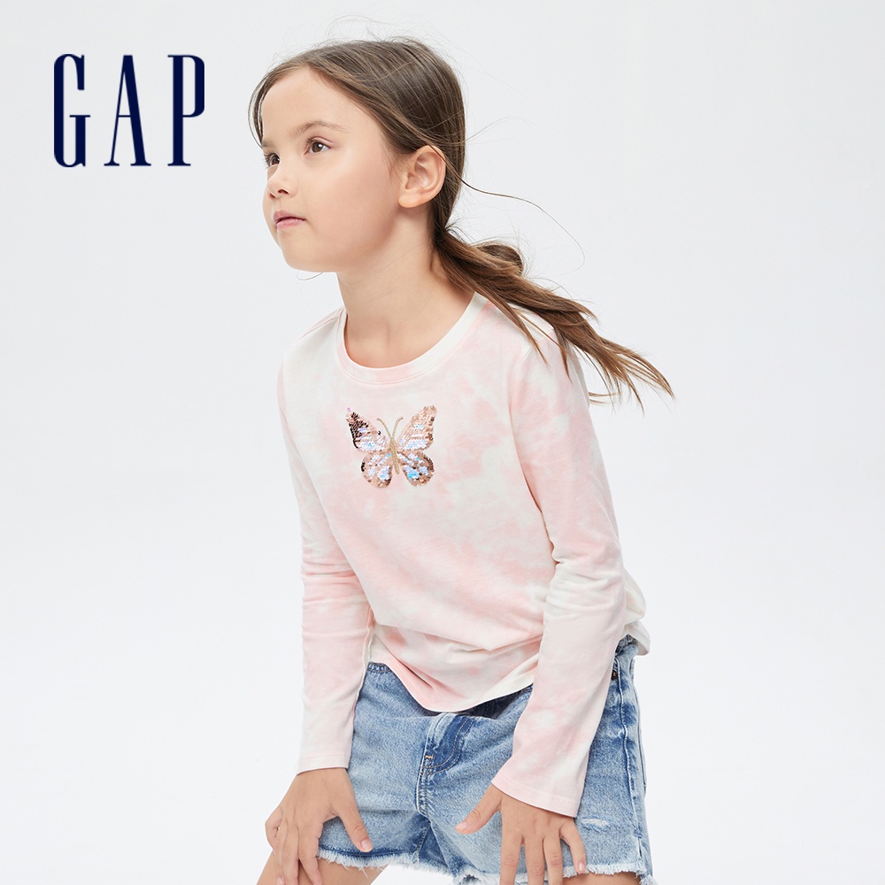 Gap 女童裝 純棉雙面亮片紮染長袖T恤-粉色紮染(736893)