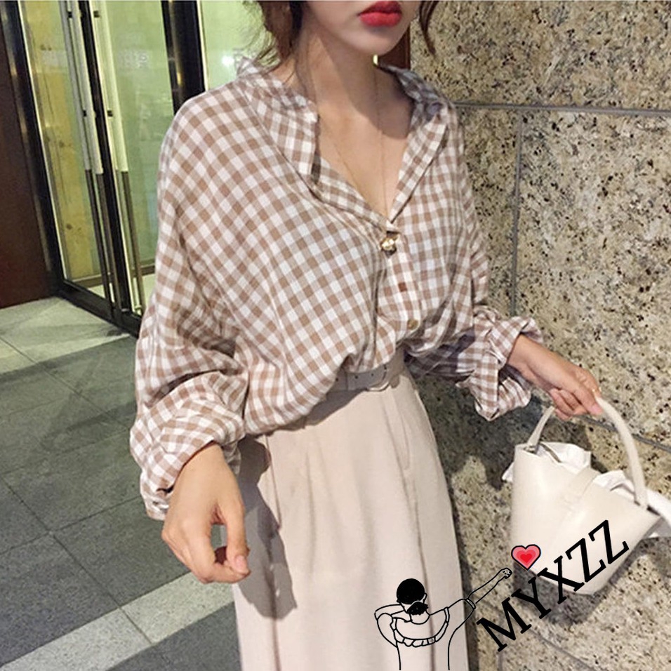 格子女生寬鬆襯衫上衣長袖襯衫女士開衫寬鬆襯衫韓國襯衫女生襯衫學生襯衫韓版寬鬆顯瘦女裝女生上衣 蝦皮購物