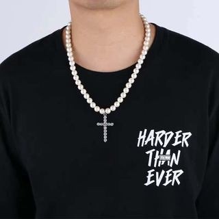 中性 Choker 項鍊吊墜長款韓國嘻哈珍珠鑽石鑲嵌十字架