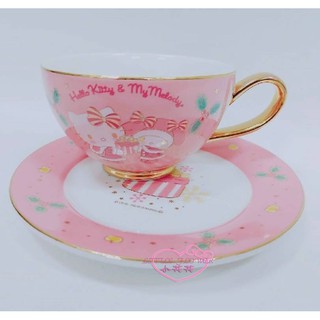 ♥小花花日本精品♥HelloKitty美樂蒂夢幻聖誕節金邊設計咖啡杯+盤咖啡杯盤組01104806