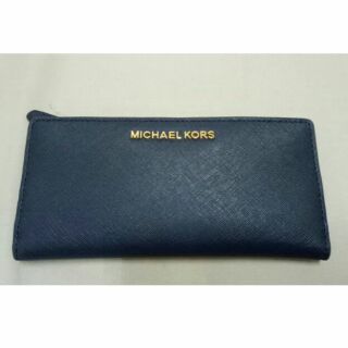 MK 正品 Michael Kors經典LOGO附名片夾雙扣長夾(藍)拼色