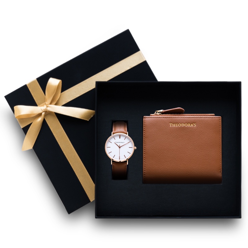 【THEODORA'S】手錶皮夾禮盒-Hera 女款短夾橘棕【希奧朵拉】