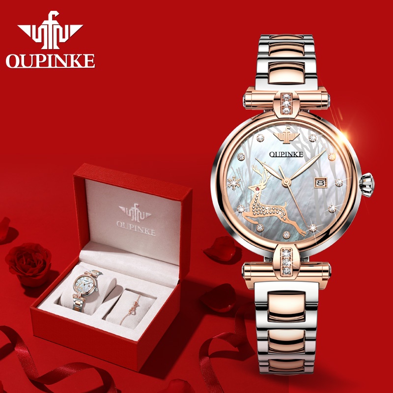 Oupinke 3180 豪華女士手錶防水不銹鋼錶帶自動機械表
