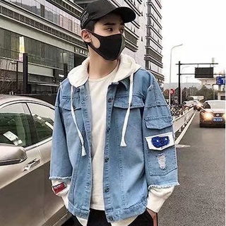 【宅男屋】假兩件連帽 牛仔外套男 新款韓版潮流 水洗牛仔 丹寧外套 工裝潮牌牛仔夾克上衣 男生衣著 ZS258