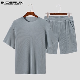 INCERUN 男士夏季條紋短袖T恤+短褲寬鬆休閒套裝