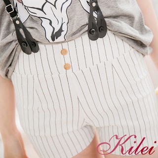 【Kilei】女裝 吊帶 短褲 兩穿 英倫紋格飾釦皮革吊帶短褲XA2270-02(簡約白條)全尺碼