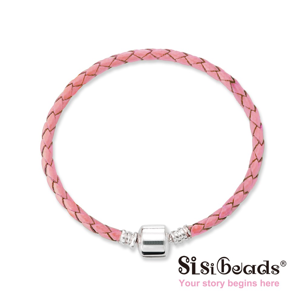 Sisibeads 純銀釦編織皮繩手鍊 真皮粉紅 微亮粉 適潘朵拉PANDORA 荷蘭品牌 全新代購 長度可訂做
