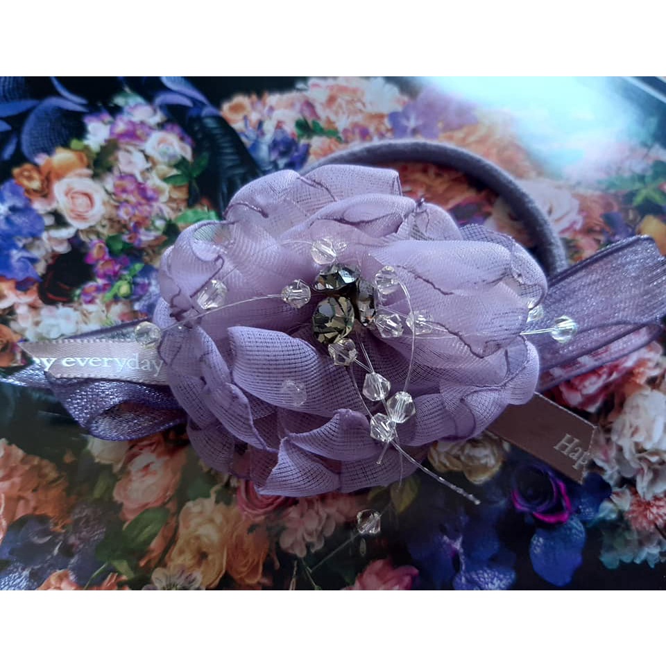 正韓 韓服綢緞布 手工訂製 紫色花朵 水晶 髮飾 髮圈