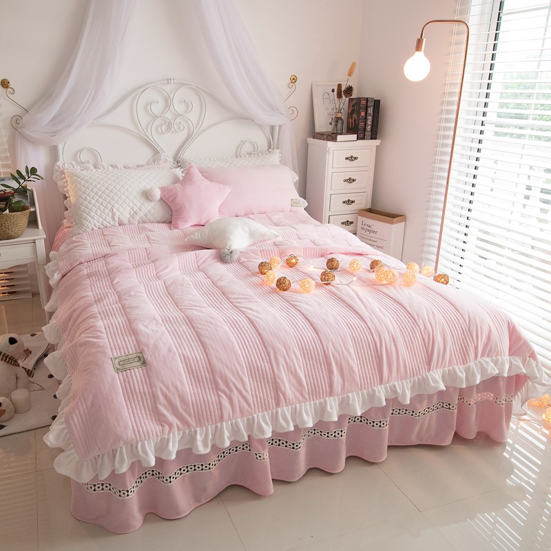 安妮兒 粉色 法蘭絨 水晶絨 舖棉兩用被 鏤空床罩 床罩組 床裙組 含隱藏床包