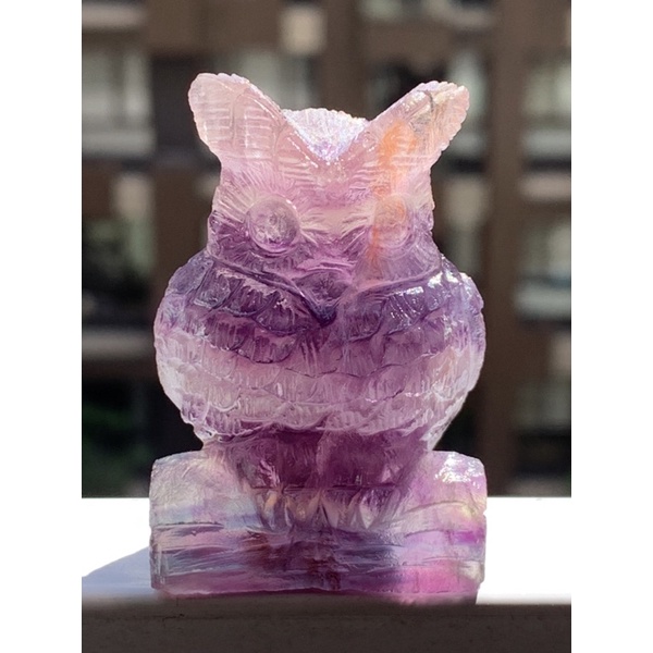 貓頭鷹螢石雕刻件：紫螢石漸變色