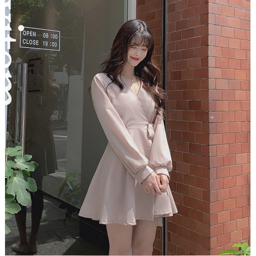 短版洋裝綁帶收腰純色長袖洋裝連衣裙 蝦皮購物