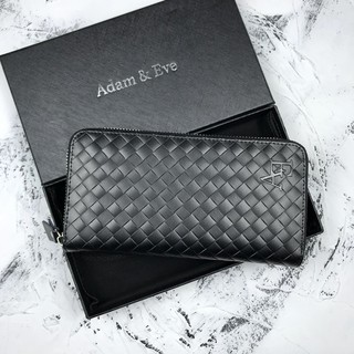 Adam & Eve EA 真牛皮夾編織長夾 格紋長夾 男長夾 拉鍊層 大容量 禮盒+提袋