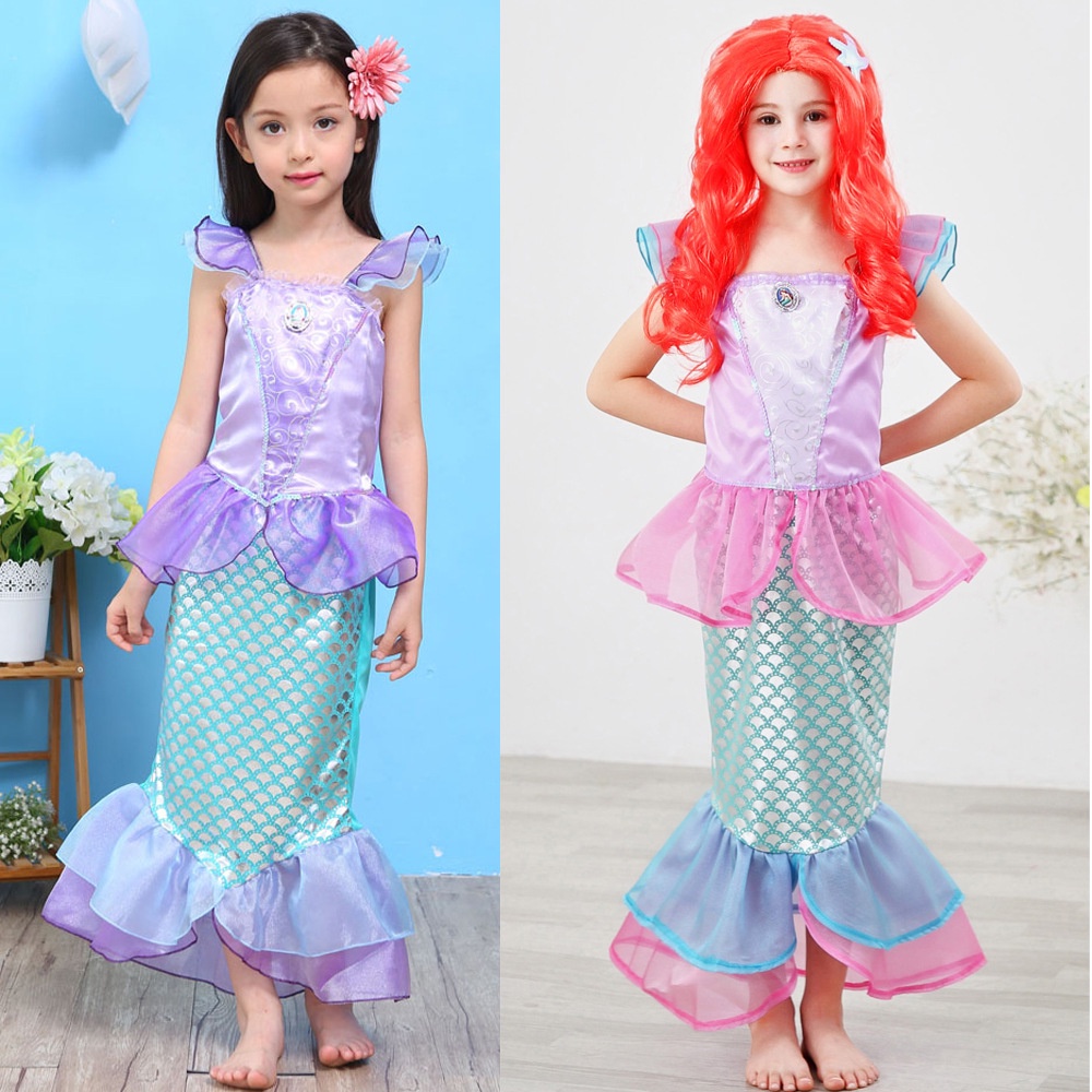 小美人魚角色扮演服裝女孩愛麗兒裝扮美人魚假髮夏季公主裙兒童萬聖節狂歡派對花式衣服