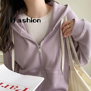 ifashion』華夫格 衛衣女 學生 薄款 長袖上衣 連帽外套 設計感小眾 女生上衣