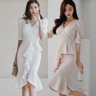 短袖洋裝 連身裙 禮服 韓版洋裝 2022夏裝新款氣質V領緊身荷葉邊魚尾裙性感職業洋裝女 包臀洋裝