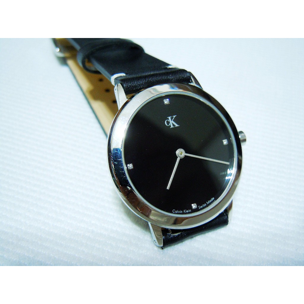 CK凱文克萊CALVIN KLEIN鋼質鑽石設計黑色圓面盤皮質手錶K3511