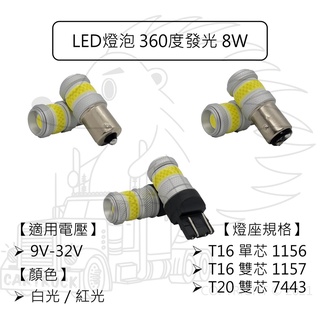 【LED 燈泡 COB 360度 8W 12V 24V 白光 1156 1157 7443】T16 T20 單芯 雙芯