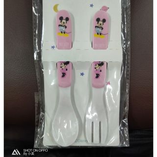 韓國限定迪士尼授權米奇米妮嬰幼兒童用初學學習安全耐熱餐具湯匙叉子(粉色)