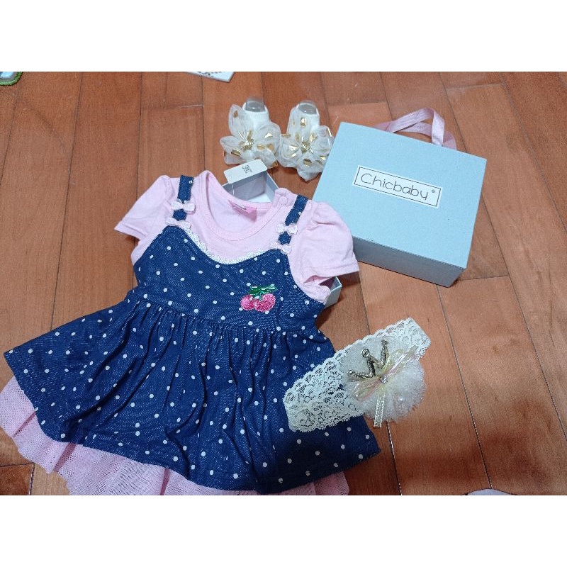 全新 禮盒 寶寶 新生兒 禮物 洋裝 女寶 襪子 頭帶 蕾絲 蝴蝶結 大花 金色 粉紅色 短袖 Chic baby