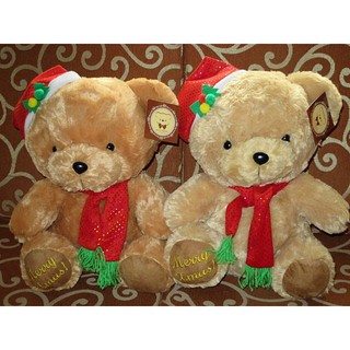 大型18吋可愛戴聖誕帽圍紅圍巾的坐姿聖誕泰迪熊絨毛娃娃2色~聖誕禮物X'max---約43公分[可愛娃娃]