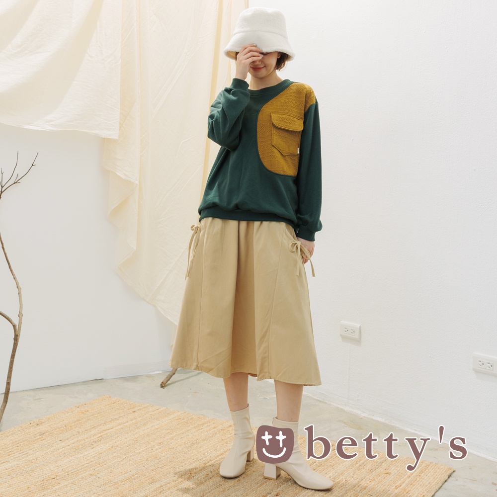 betty’s貝蒂思(15)蝴蝶結口袋刷絨中長裙(卡其)